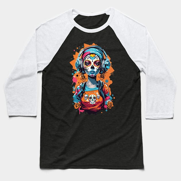 skull girl Baseball T-Shirt by mdr design